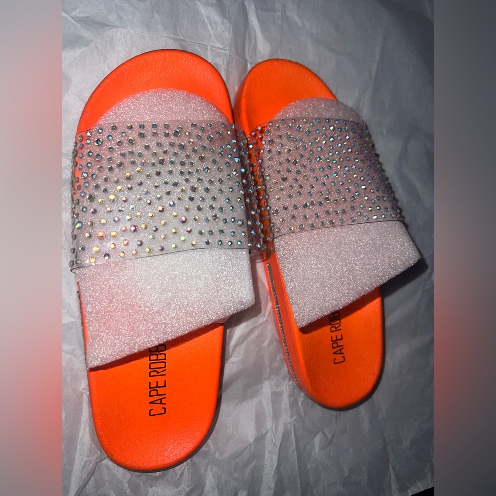 Fashion Nova Women’s Slides (Orange and Clear with Rhinestones)